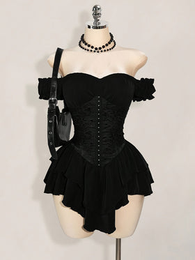 One-Shoulder Dress with a Fitted Waist And Back Tie, Features Puff Sleeves And a Stylish, Elegant Cake Skirt