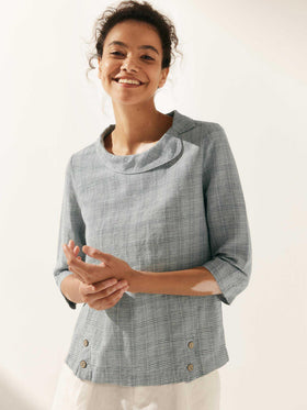 Linen Gingham Checked Round Soft-Fold Collar Top LAURA