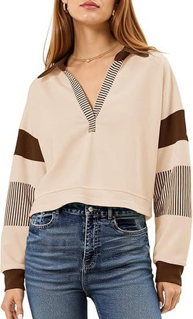 Color‑Block Cropped Polo V‑Neck Sweatshirt