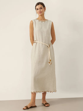 100% Linen Beaded Crew Neck Maxi Dress with Belt BELLA
