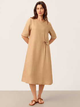 100% Linen Side-Gathered Bow Maxi Dress ESMERALDA