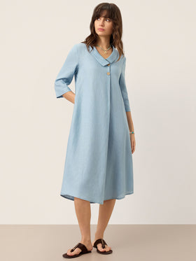 100% Linen Asymmetric Shawl Collar A-Line Midi Dress WINIFRED
