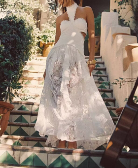 Lace Embroidered Silk Lace Tulle Backless French Halter Dress Women Summer Vacation Lightweight Dress
