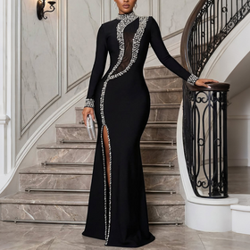 Women Clothing High Collar Long-Sleeved Dress Split Rhinestone Dress