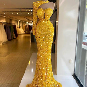 Sequined Pear Dress Embroidery Lace Asymmetric Single Sleeve Dress