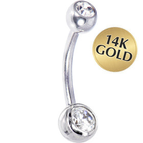 16G Solid 14k White Gold Cubic Zirconia Double Gem Belly Ring