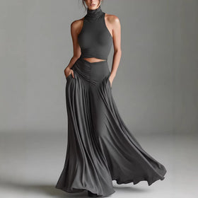 Women's Sleeveless High-Neck Top & Elegant Long A-Line Dress Two-Piece Set
