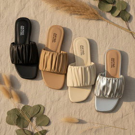 Minimalist Pleated Flat Slide Sandals – Square Toe Faux Leather