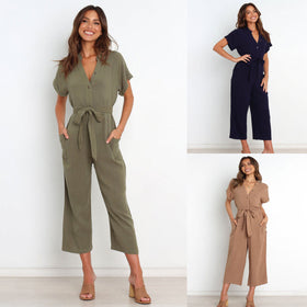 Women's V-Neck Cropped Wide-Leg Knit Jumpsuit
