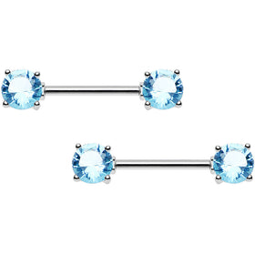 Aqua Cubic Zirconia Front Gem Nipple Barbell Set