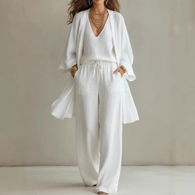 Women's V-Neck Cardigan Coat, Pocket Vest & Long Pants Three-Piece Set