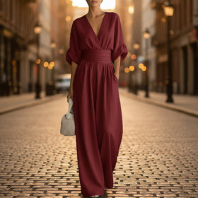 Women's V-Neck Wide-Leg Jumpsuit – High Waist Pleated Elegant 11 Colors S–5XL