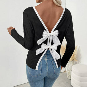 Black Backless Bow Tie Blouse