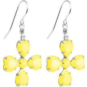 Clear Gem Yellow Neon Four Leaf Flower Dangle Earrings