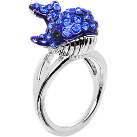 Size 7 Blue Gem Silver Tone Paved Splashing Whale Ring