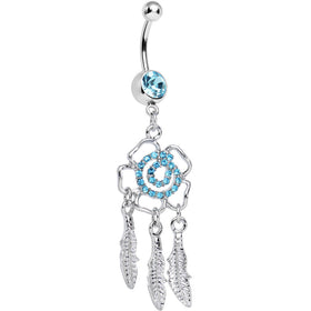 Aqua Gem Hypnotic Spiral Flower Dreamcatcher Belly Ring