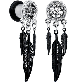 0G Clear Gem Steel Single Flare Tree of Life Dangle Plug Set