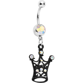 Aurora Czech Stone Black Victorian King Crown Dangle Belly Ring