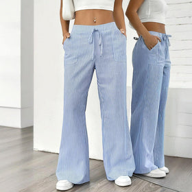 Women's Striped Print Straight Wide Leg Pockets Pants Casual Long Pants