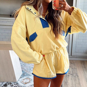 Women's Long-Sleeve Contrast Color 2-Piece Set – Top & Cropped Pants