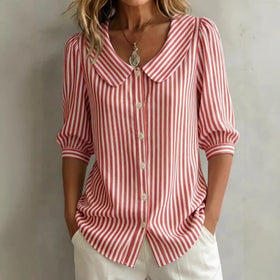 Striped V-Neck Top – Three-Quarter Sleeve Casual Shirt