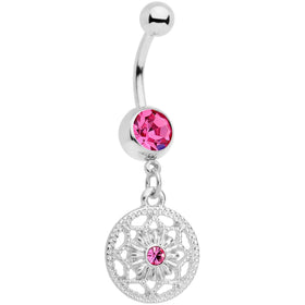 Pink Gem Ring Around a Snowflake Dangle Belly Ring