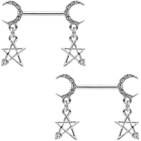14G 9/16 Clear Gem Moon Star Dangle Barbell Nipple Ring Set