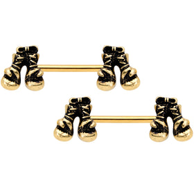 14G 9/16 Gold Tone Boxing Gloves Barbell Nipple Ring Set