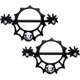 14G 9/16 Clear Gem Black Spider Web Nipple Shield Set