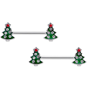 14G 9/16 Clear Red Gem Christmas Tree Barbell Nipple Ring Set