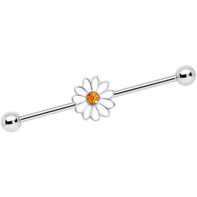 14G Yellow Gem White Daisy Flower Industrial Barbell 38mm
