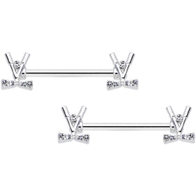 14G 9/16 Clear CZ Gem Crossed Golf Clubs Barbell Nipple Ring Set