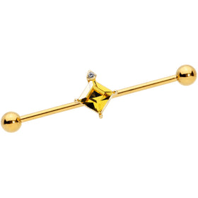 14G Clear Yellow Gem Gold Tone Rhombus Industrial Barbell 38mm