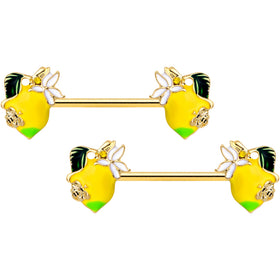 14G 9/16 Gold Tone Lemon Bee Barbell Nipple Ring Set