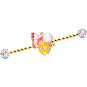 14G Aurora Gem Gold Tone Butterfly Flower Industrial Barbell 38mm