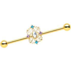14G White Synthetic Opal Gold Tone Web Industrial Barbell 38mm