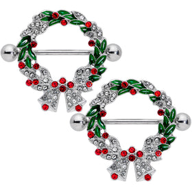 14G 11/16 Red Green Gem Christmas Wreath Nipple Shield Set