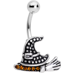 Yellow Gem Witch Hat Broom Halloween Belly Ring