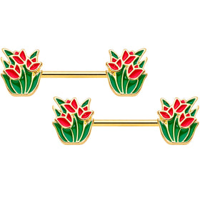14G 9/16 Gold Tone Red Tulip Flowers Barbell Nipple Ring Set