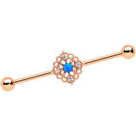 14G Blue Synth Opal Rose Gold Tone Lacy Industrial Barbell 38mm