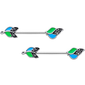 14G 9/16 Filigree Blue Green Leaves Barbell Nipple Ring Set