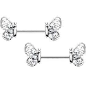 14G 9/16 Clear Gem Lacy Butterfly Barbell Nipple Ring Set