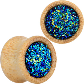 9/16 Blue Druzy Stone Wood Saddle Plug Set
