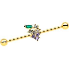 14G Clear CZ Gem Gold Tone Bunch Grapes Industrial Barbell 38mm