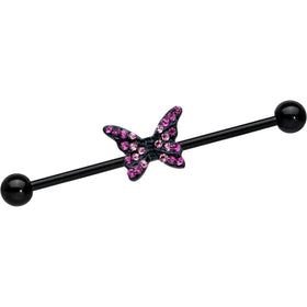 14G Pink Gem Black Midnight Butterfly Industrial Barbell 38mm