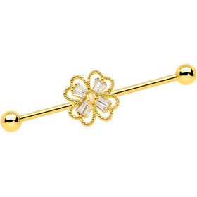 14G Clear Gem Gold Tone Textured Cross Industrial Barbell 38mm