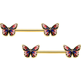 14G 5/8 Gold Tone Pink Blue Red Butterfly Barbell Nipple Ring Set