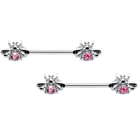 14G 9/16 Pink Gem Bee Beautiful Insect Barbell Nipple Ring Set