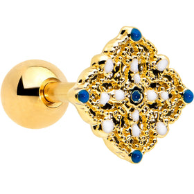 16G 1/4 Blue Gem Gold Tone Lacy Rhombus Cartilage Tragus Earring