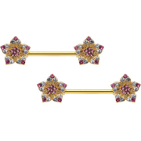 14G 9/16 Pink Gem Gold Tone Texture Star Barbell Nipple Ring Set